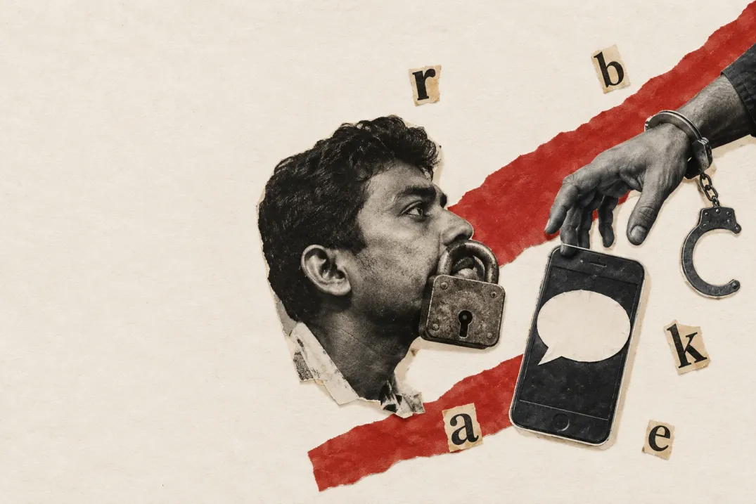 Dada-style collage: a man's mouth padlocked, a phone with an empty speech bubble, and a handcuffed police hand reaching for it.